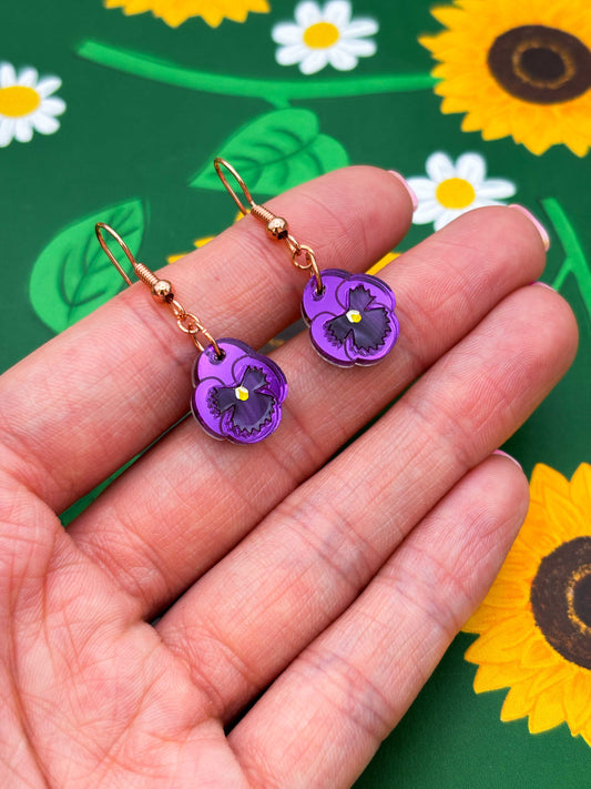 Small Purple Mirror Pansy Dangle Earrings or Necklace – Hypoallergenic Stainless Steel