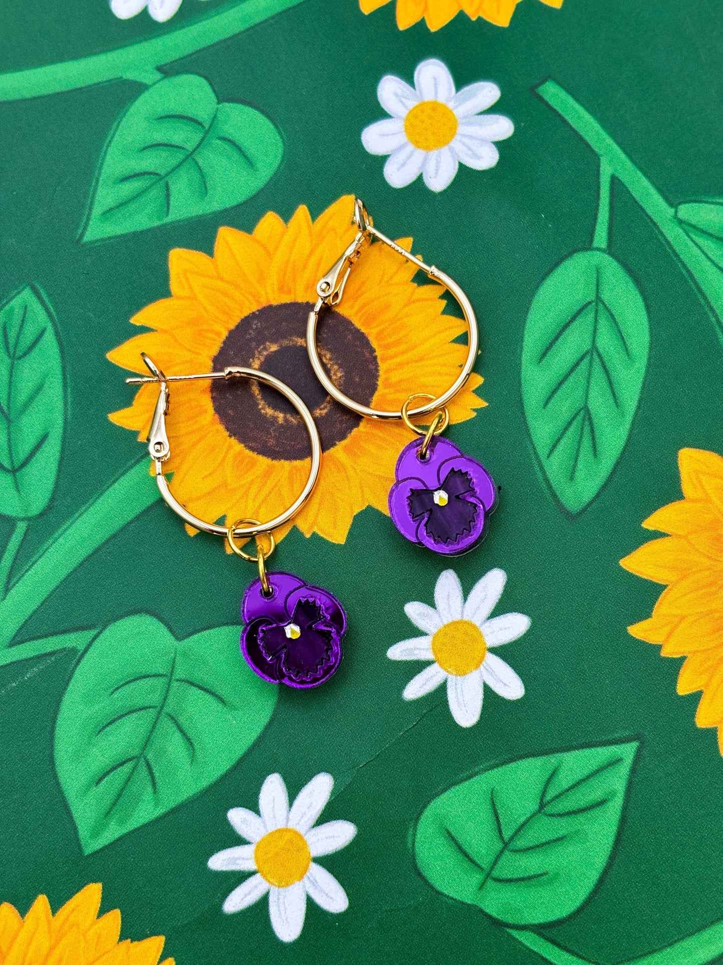 Small Purple Mirror Pansy Dangle Earrings or Necklace – Hypoallergenic Stainless Steel
