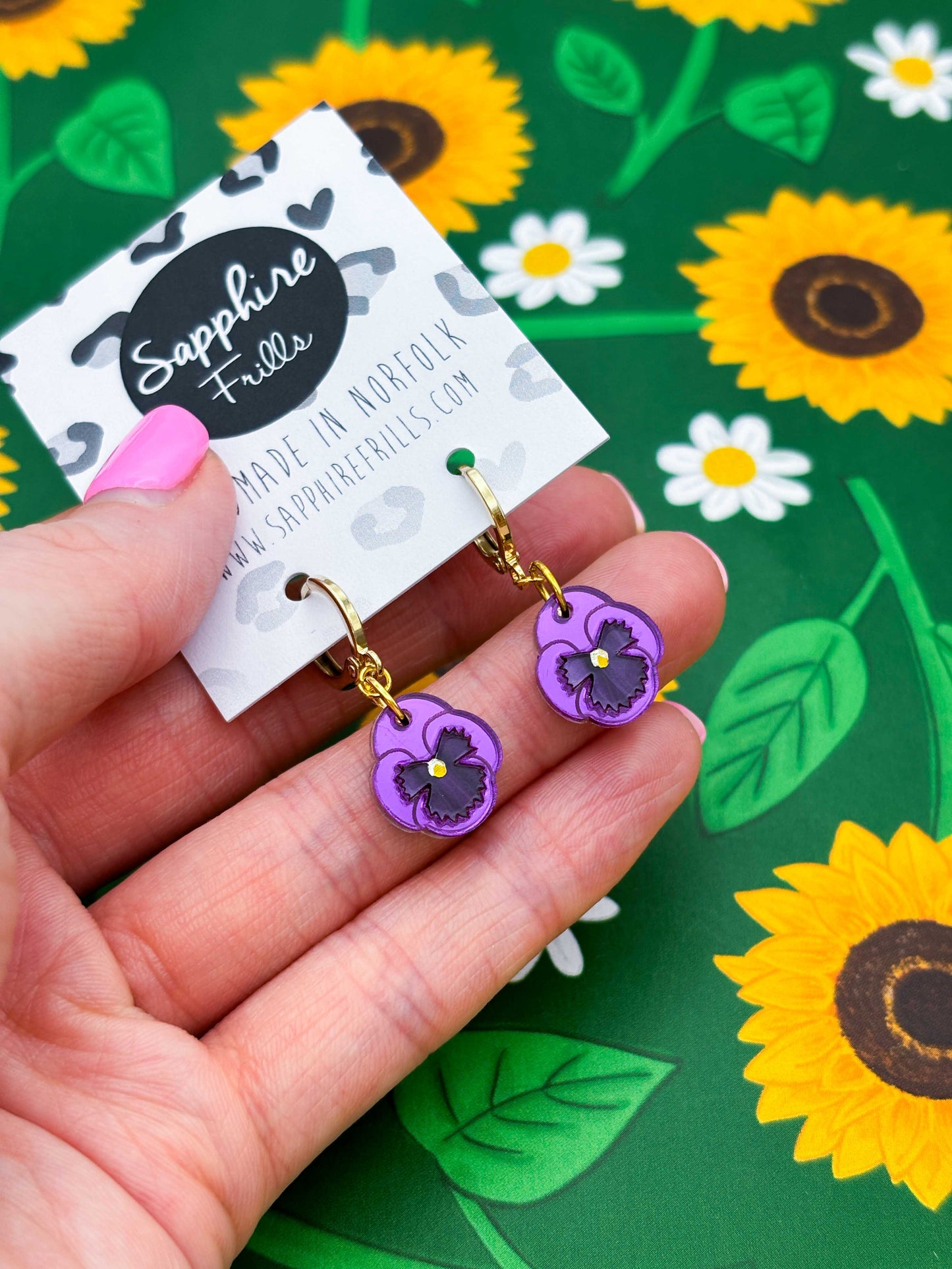 Small Purple Mirror Pansy Dangle Earrings or Necklace – Hypoallergenic Stainless Steel