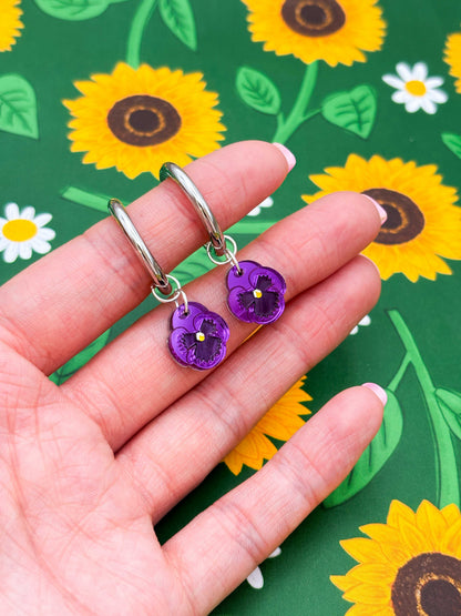 Small Purple Mirror Pansy Dangle Earrings or Necklace – Hypoallergenic Stainless Steel