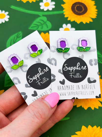 Small Purple Tulip with Leaves Stud Earrings – Hypoallergenic Stainless Steel