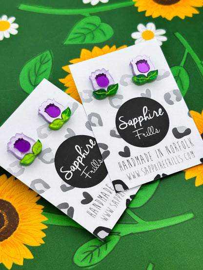 Small Purple Tulip with Leaves Stud Earrings – Hypoallergenic Stainless Steel
