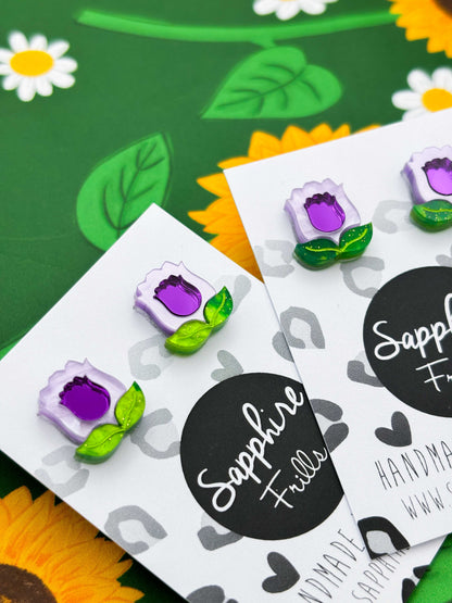 Small Purple Tulip with Leaves Stud Earrings – Hypoallergenic Stainless Steel