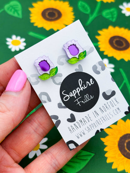 Small Purple Tulip with Leaves Stud Earrings – Hypoallergenic Stainless Steel