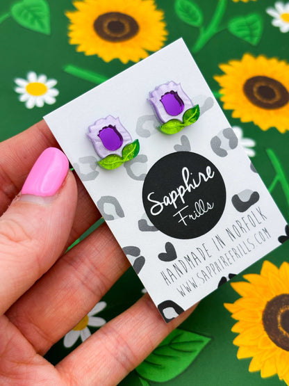 Small Purple Tulip with Leaves Stud Earrings – Hypoallergenic Stainless Steel