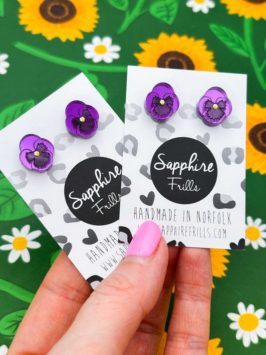 Small Purple Mirror Pansy Stud Earrings – Hypoallergenic Stainless Steel