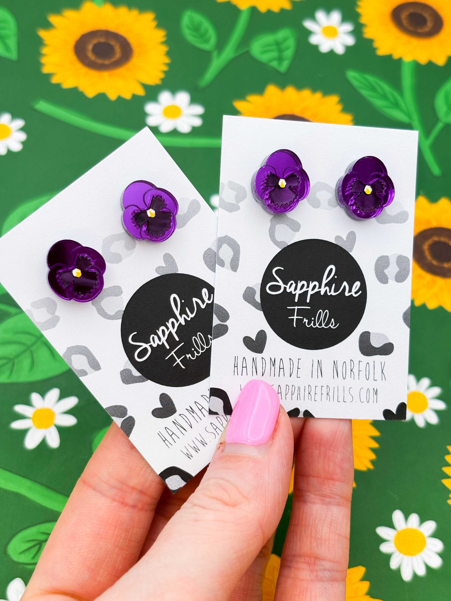 Small Purple Mirror Pansy Stud Earrings – Hypoallergenic Stainless Steel