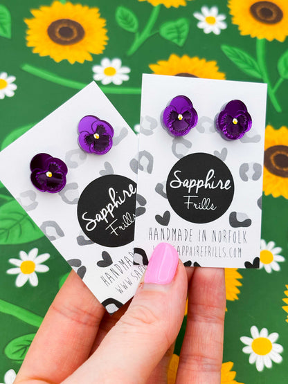 Small Purple Mirror Pansy Stud Earrings – Hypoallergenic Stainless Steel
