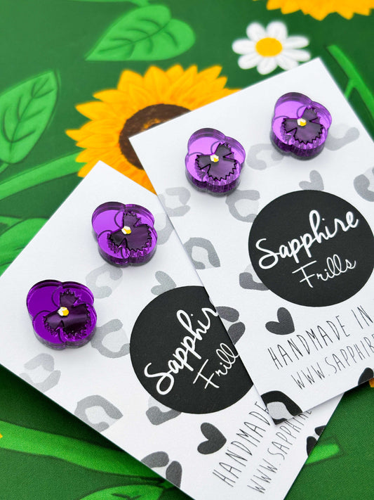 Small Purple Mirror Pansy Stud Earrings – Hypoallergenic Stainless Steel