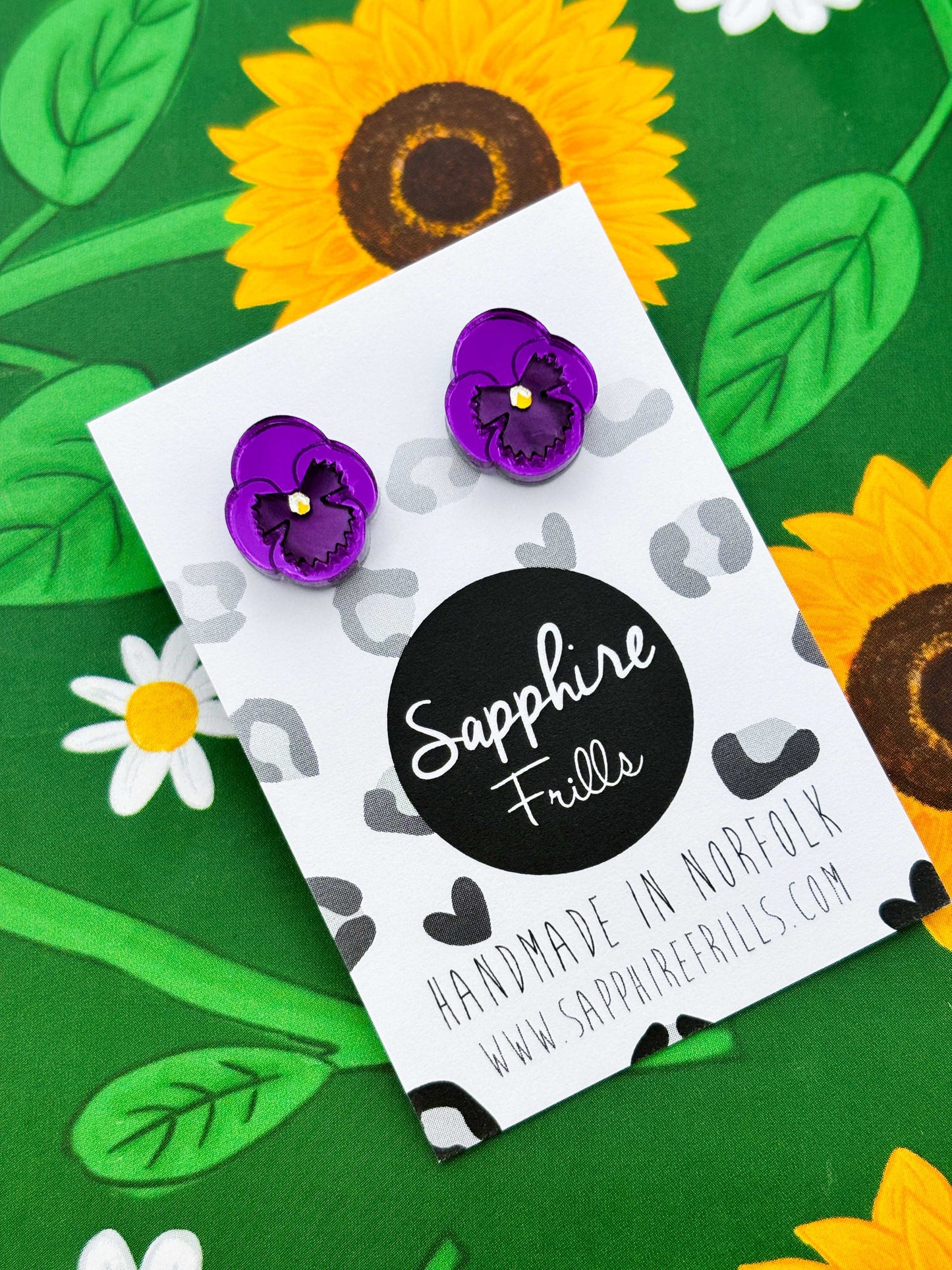 Small Purple Mirror Pansy Stud Earrings – Hypoallergenic Stainless Steel