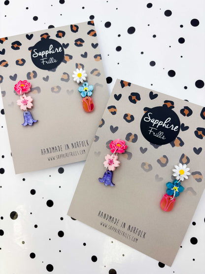 Mismatch Spring Flower Statement Dangle Earrings – Hypoallergenic Stainless Steel