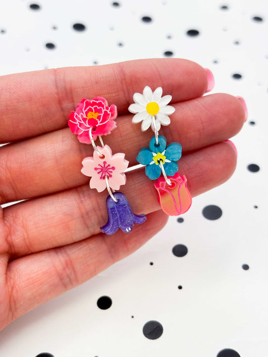 Mismatch Spring Flower Statement Dangle Earrings – Hypoallergenic Stainless Steel