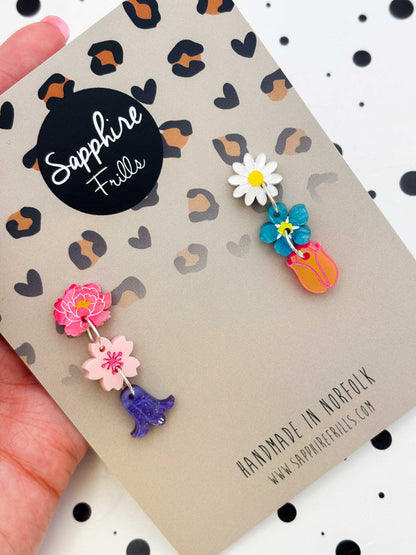 Mismatch Spring Flower Statement Dangle Earrings – Hypoallergenic Stainless Steel