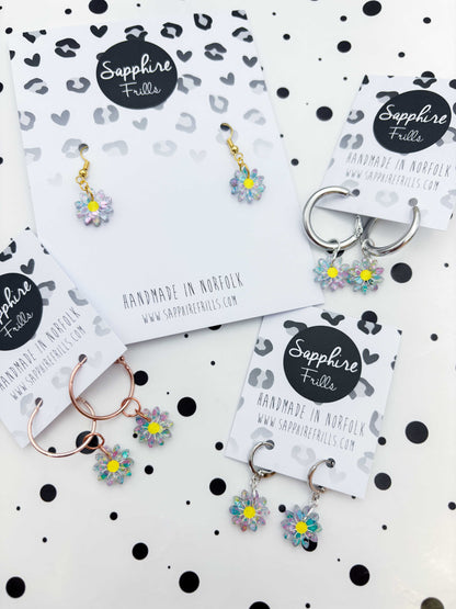 Small Spring Sequin Daisy Dangle Earrings or Necklace – Hypoallergenic Stainless Steel