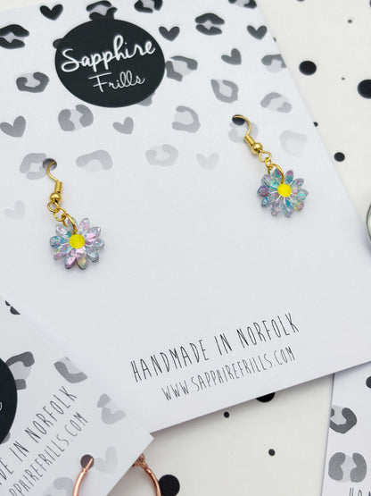 Small Spring Sequin Daisy Dangle Earrings or Necklace – Hypoallergenic Stainless Steel