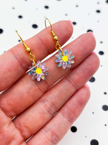 Small Spring Sequin Daisy Dangle Earrings or Necklace – Hypoallergenic Stainless Steel