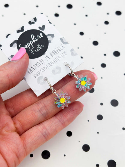 Small Spring Sequin Daisy Dangle Earrings or Necklace – Hypoallergenic Stainless Steel