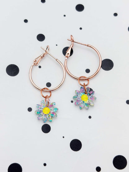Small Spring Sequin Daisy Dangle Earrings or Necklace – Hypoallergenic Stainless Steel