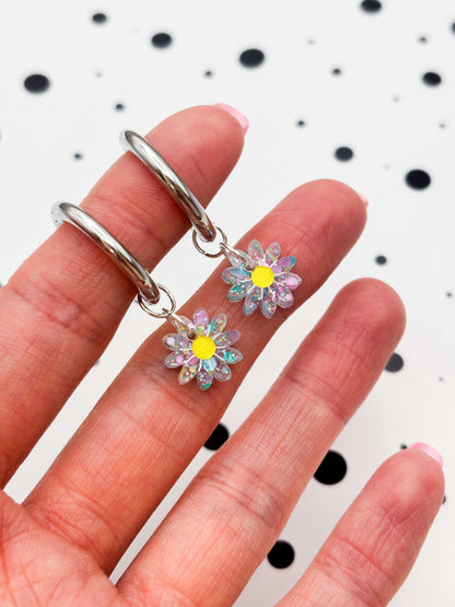 Small Spring Sequin Daisy Dangle Earrings or Necklace – Hypoallergenic Stainless Steel