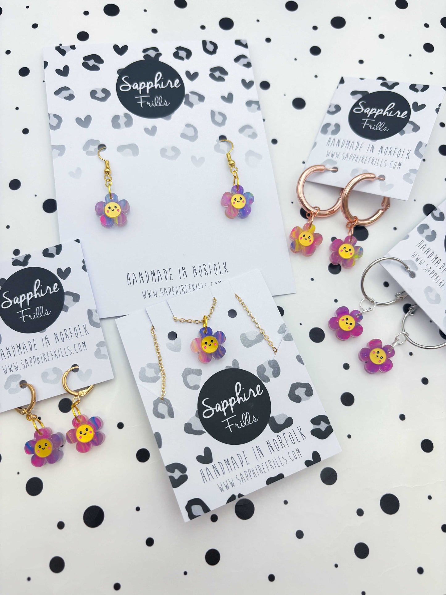 Small Rainbow Glitter Marble Flower with Face Dangle Earrings or Necklace – Hypoallergenic Stainless Steel