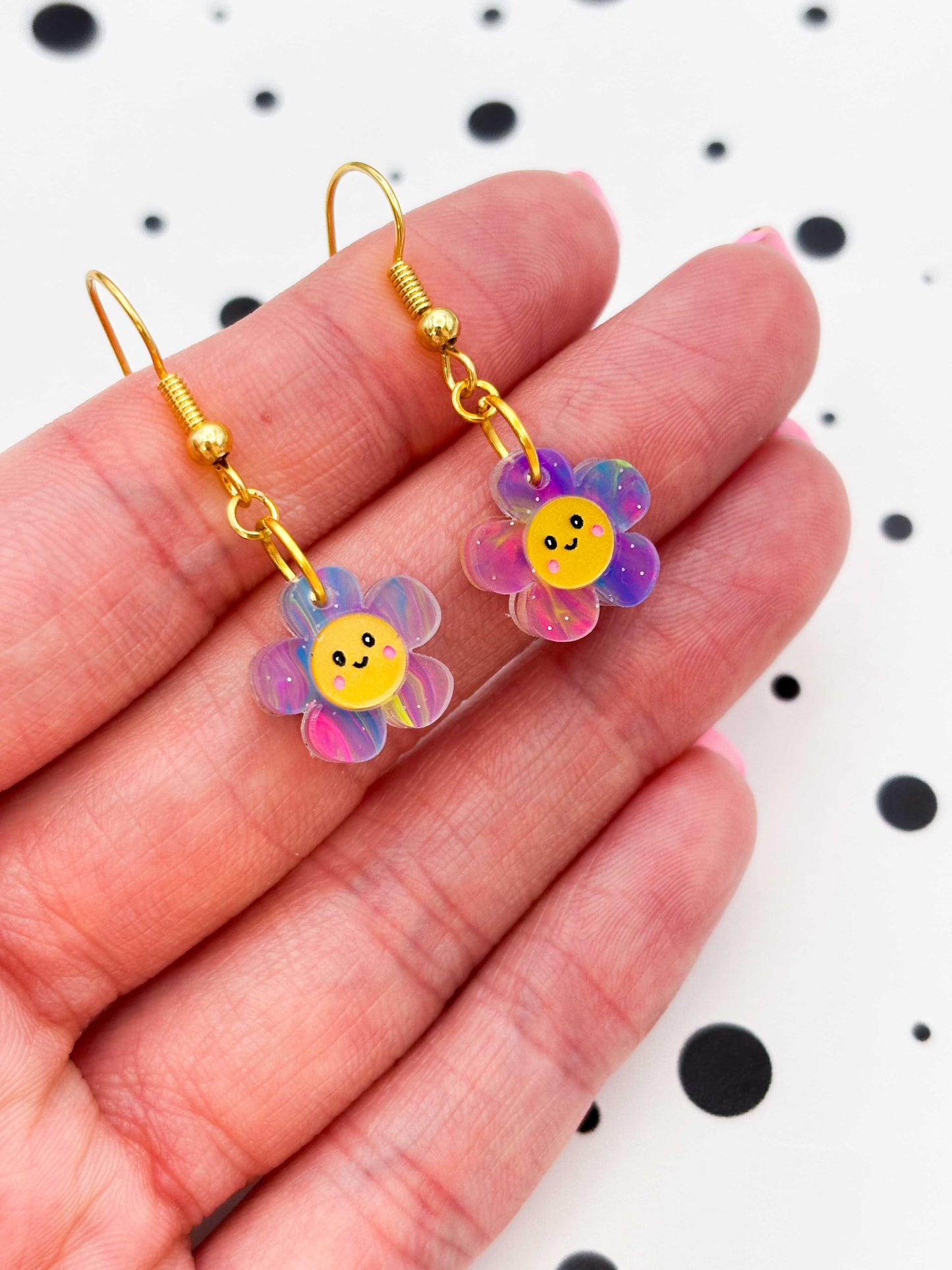 Small Rainbow Glitter Marble Flower with Face Dangle Earrings or Necklace – Hypoallergenic Stainless Steel
