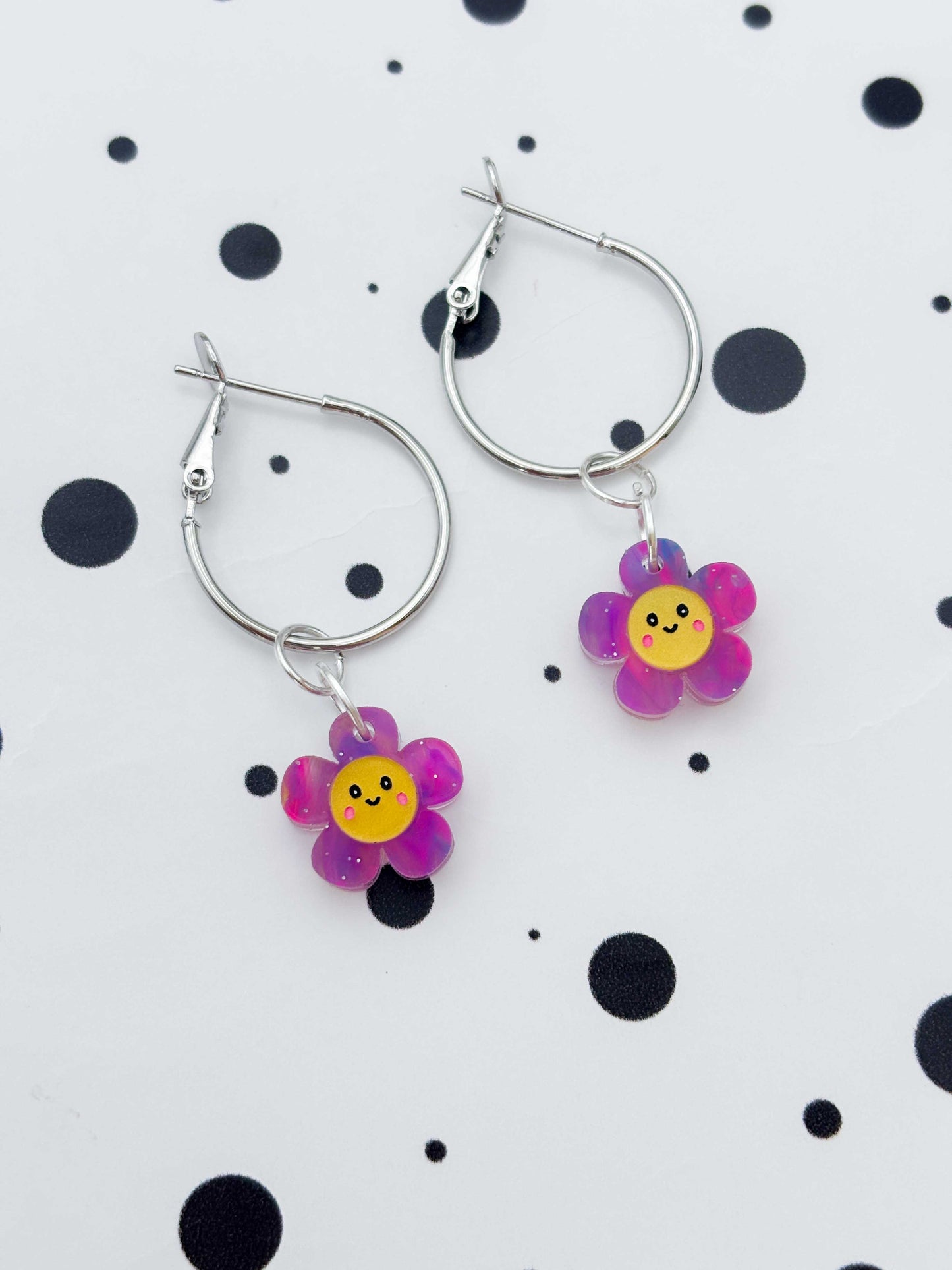 Small Rainbow Glitter Marble Flower with Face Dangle Earrings or Necklace – Hypoallergenic Stainless Steel