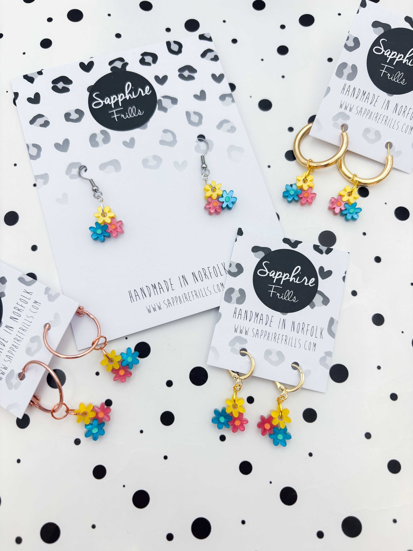 Small Bright Rainbow Trio of Daisies Acrylic Dangle Earrings or Necklace – Hypoallergenic Stainless Steel