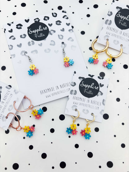 Small Bright Rainbow Trio of Daisies Acrylic Dangle Earrings or Necklace – Hypoallergenic Stainless Steel