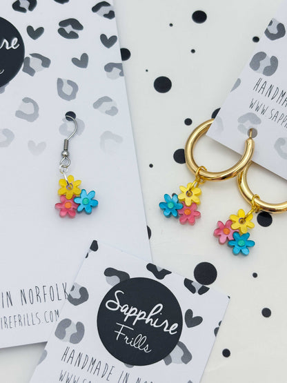 Small Bright Rainbow Trio of Daisies Acrylic Dangle Earrings or Necklace – Hypoallergenic Stainless Steel