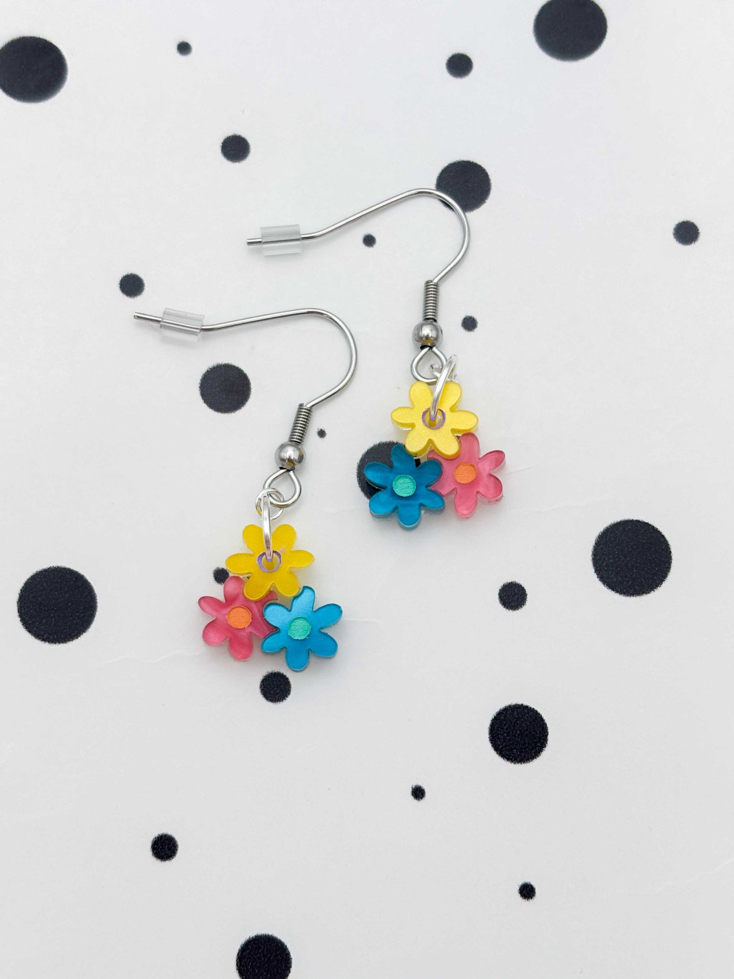 Small Bright Rainbow Trio of Daisies Acrylic Dangle Earrings or Necklace – Hypoallergenic Stainless Steel