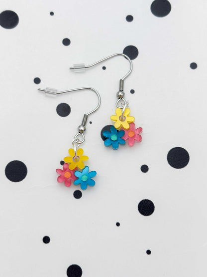 Small Bright Rainbow Trio of Daisies Acrylic Dangle Earrings or Necklace – Hypoallergenic Stainless Steel