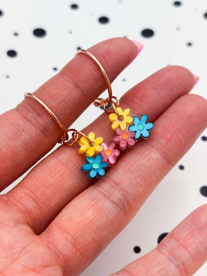 Small Bright Rainbow Trio of Daisies Acrylic Dangle Earrings or Necklace – Hypoallergenic Stainless Steel