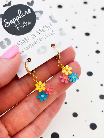 Small Bright Rainbow Trio of Daisies Acrylic Dangle Earrings or Necklace – Hypoallergenic Stainless Steel