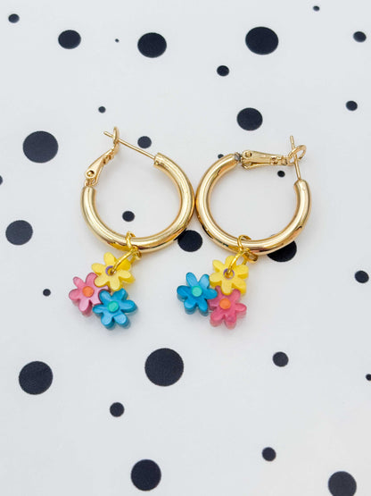 Small Bright Rainbow Trio of Daisies Acrylic Dangle Earrings or Necklace – Hypoallergenic Stainless Steel