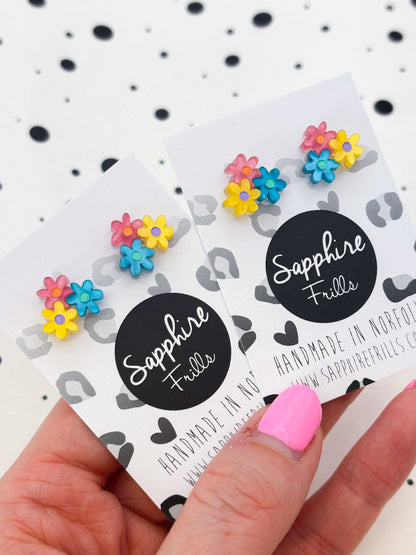 Small Bright Rainbow Trio of Daisies Acrylic Stud Earrings – Hypoallergenic Stainless Steel