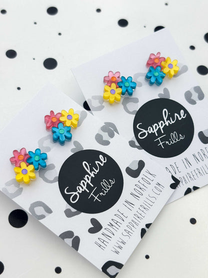 Small Bright Rainbow Trio of Daisies Acrylic Stud Earrings – Hypoallergenic Stainless Steel