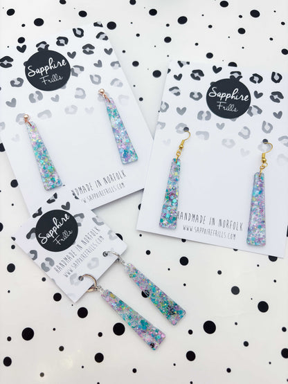 Large Spring Sequin Trapeze Dangle Earrings or Necklace – Hypoallergenic Stainless Steel