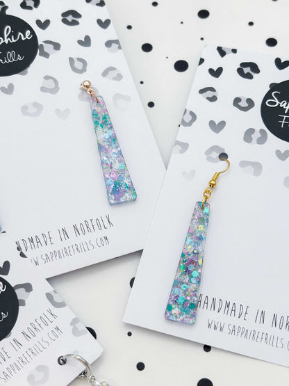 Large Spring Sequin Trapeze Dangle Earrings or Necklace – Hypoallergenic Stainless Steel