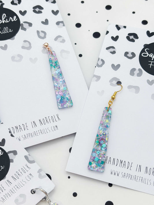 Large Spring Sequin Trapeze Dangle Earrings or Necklace – Hypoallergenic Stainless Steel