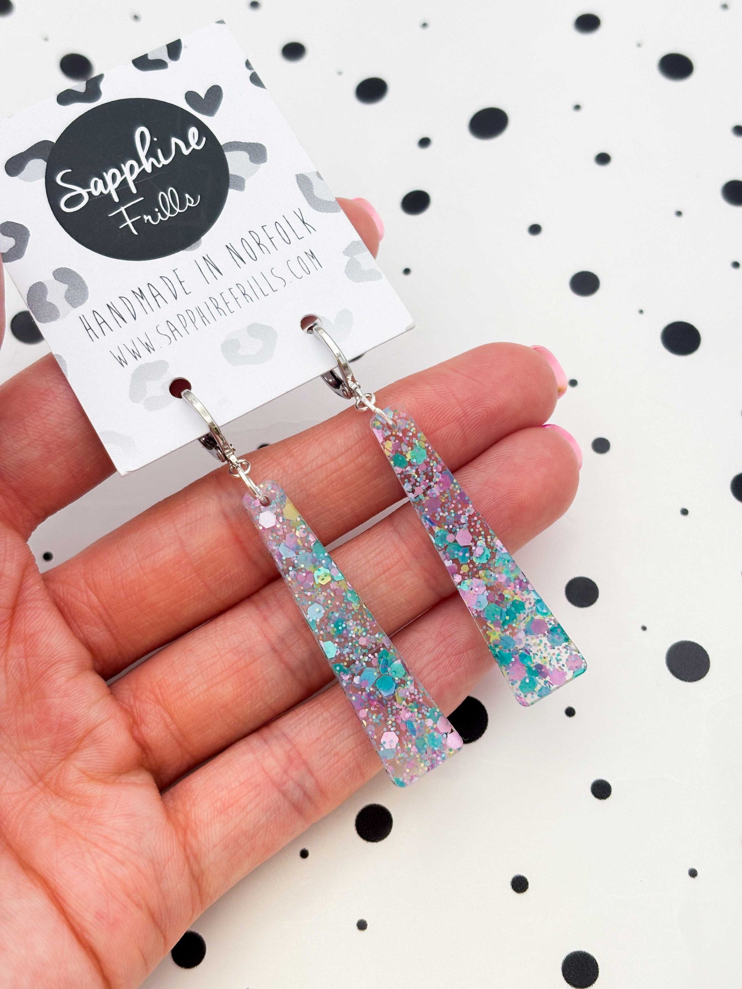 Large Spring Sequin Trapeze Dangle Earrings or Necklace – Hypoallergenic Stainless Steel