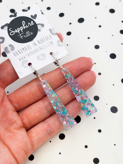 Large Spring Sequin Trapeze Dangle Earrings or Necklace – Hypoallergenic Stainless Steel