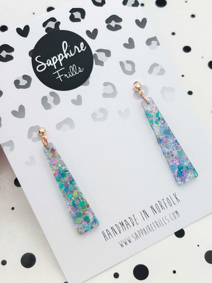 Large Spring Sequin Trapeze Dangle Earrings or Necklace – Hypoallergenic Stainless Steel