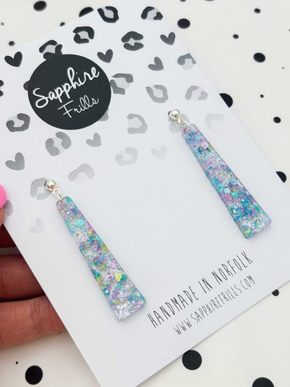 Large Spring Sequin Trapeze Dangle Earrings or Necklace – Hypoallergenic Stainless Steel