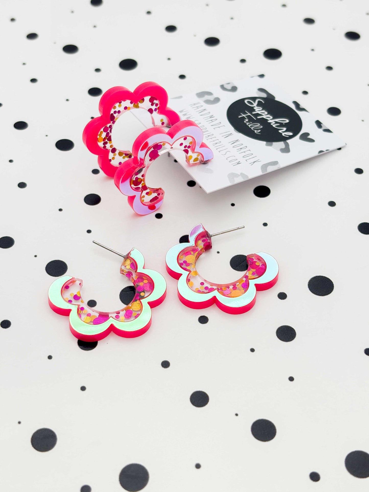 Large Iridescent Hot Pink Sequin Stripe Flower Acrylic Hoops – Hypoallergenic Stainless Steel