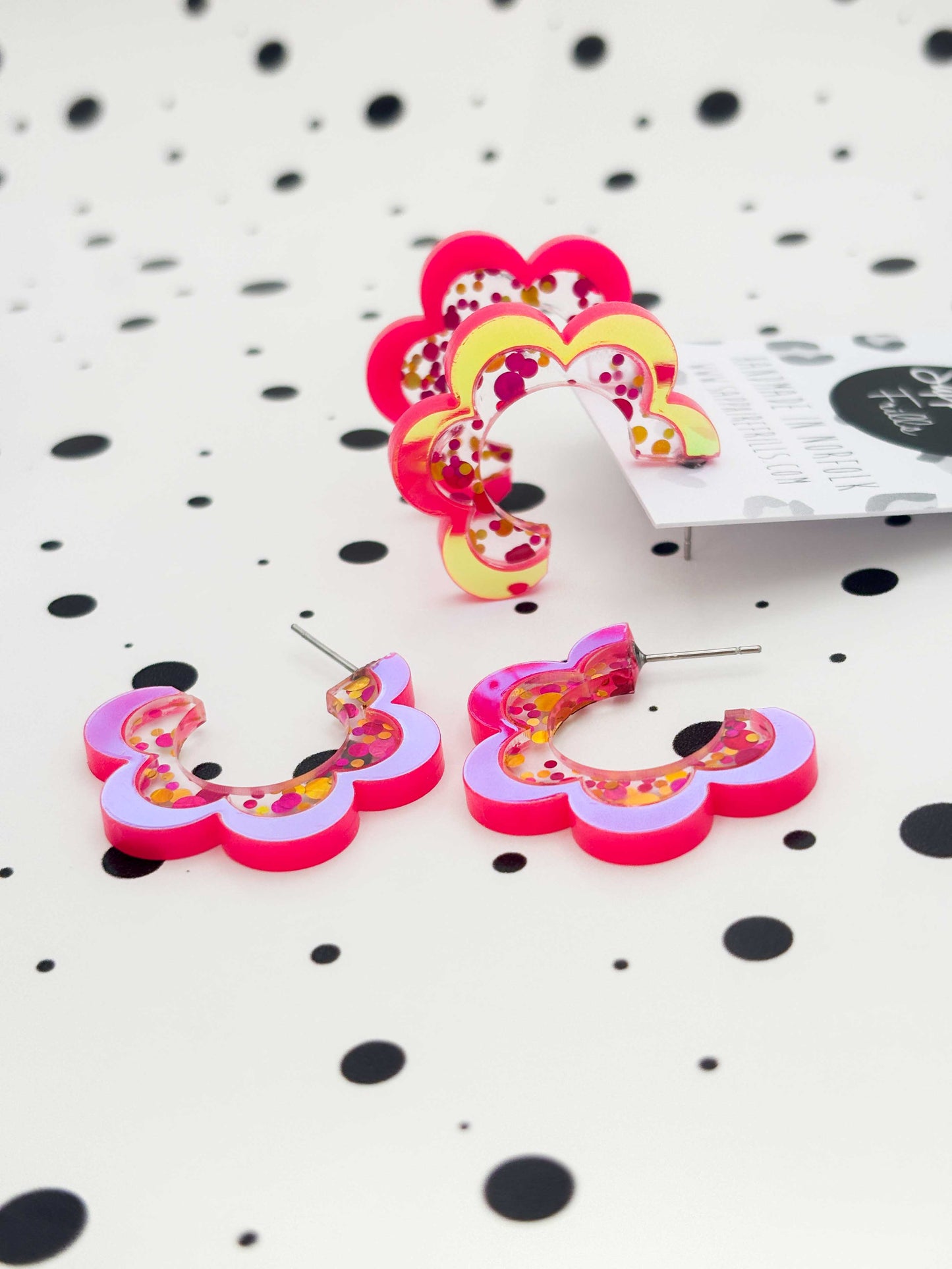 Large Iridescent Hot Pink Sequin Stripe Flower Acrylic Hoops – Hypoallergenic Stainless Steel