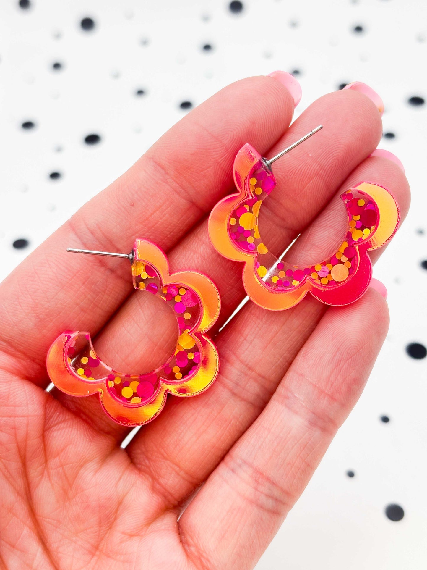 Large Iridescent Hot Pink Sequin Stripe Flower Acrylic Hoops – Hypoallergenic Stainless Steel