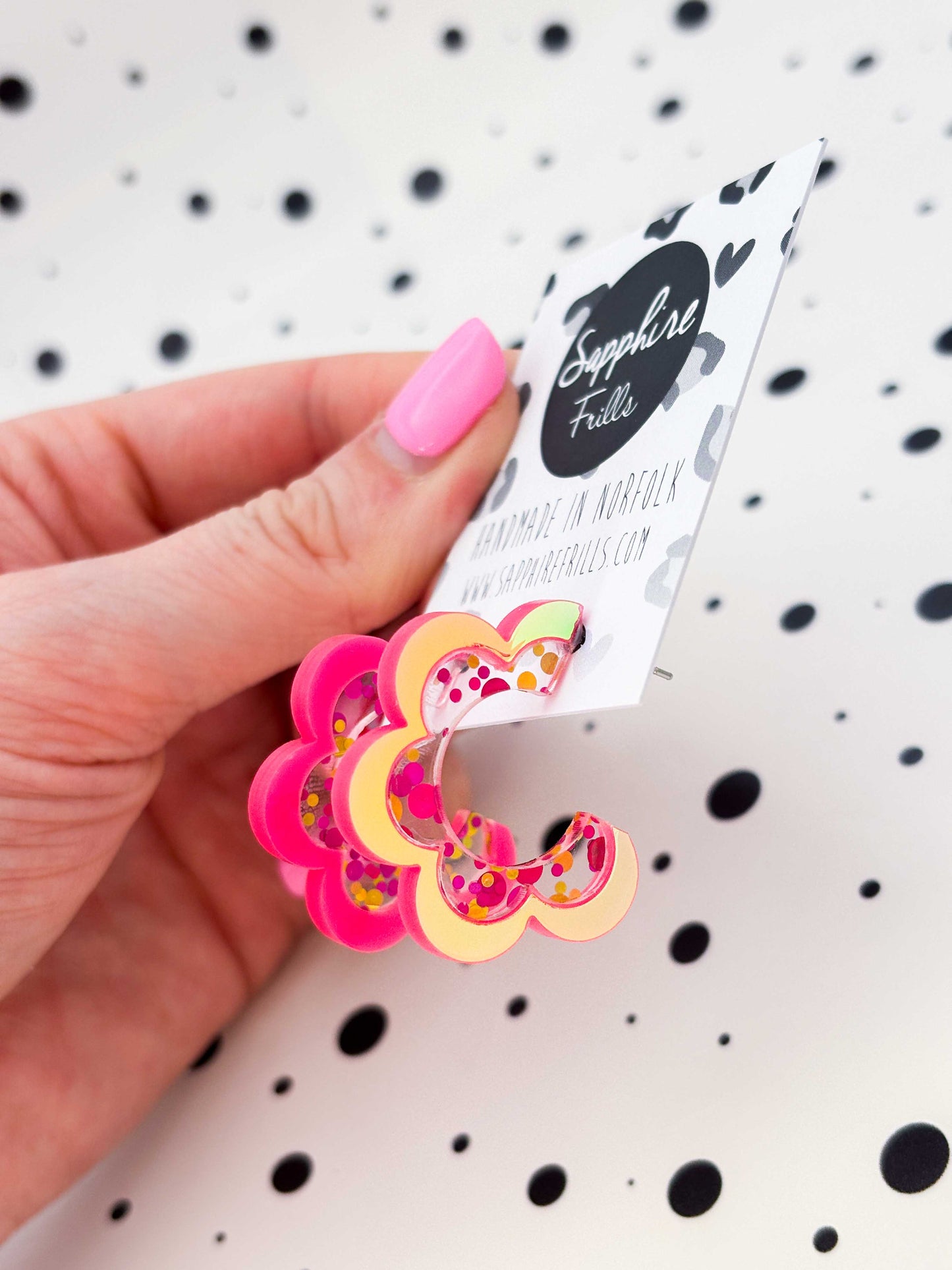 Large Iridescent Hot Pink Sequin Stripe Flower Acrylic Hoops – Hypoallergenic Stainless Steel