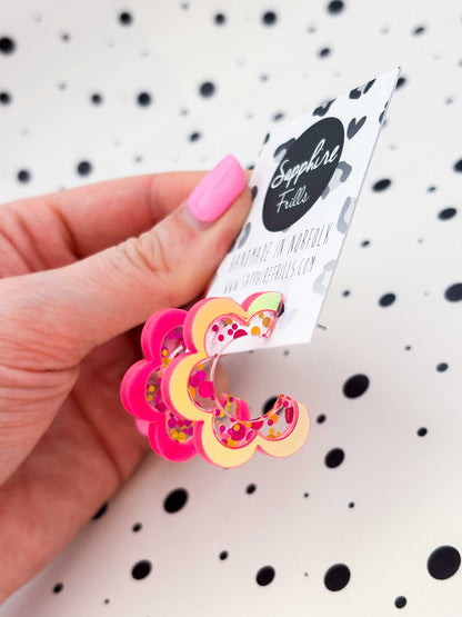 Large Iridescent Hot Pink Sequin Stripe Flower Acrylic Hoops – Hypoallergenic Stainless Steel