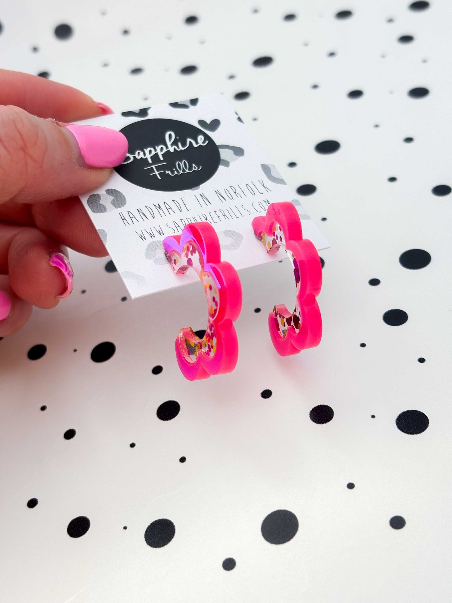 Large Iridescent Hot Pink Sequin Stripe Flower Acrylic Hoops – Hypoallergenic Stainless Steel