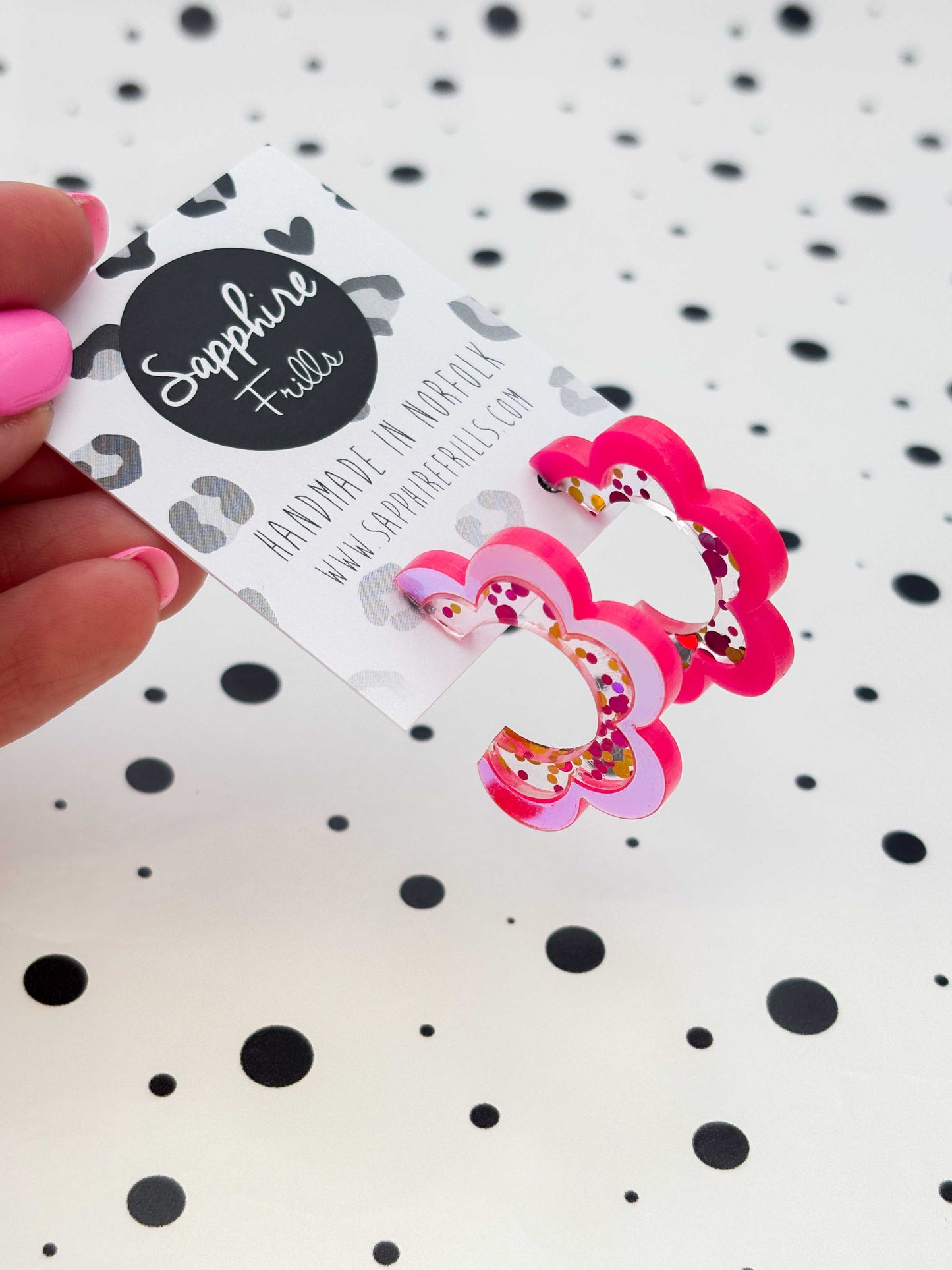 Large Iridescent Hot Pink Sequin Stripe Flower Acrylic Hoops – Hypoallergenic Stainless Steel